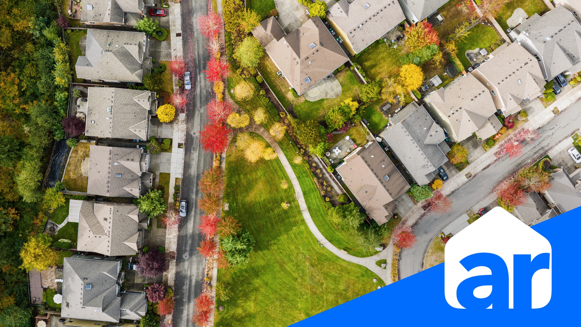 top down picture of homes and neighborhood in the fall