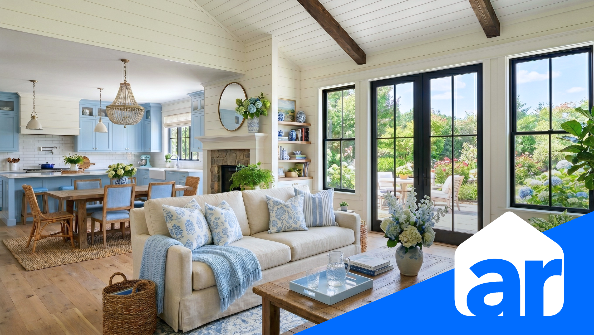 photo of home interior with summer flowers and blue accents